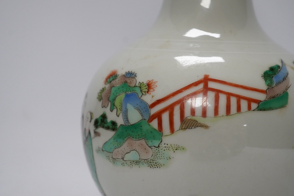 A Chinese famille verte bottle vases, Kangxi mark but later, 25.5cm. Condition - good.